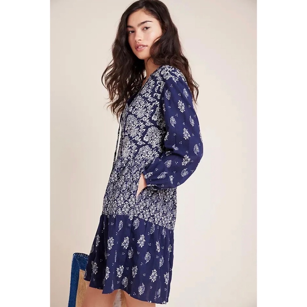 Maeve Carlita Tunic Dress Long Sleeves V Neck BOHO Floral Patchwork - Picture 2 of 12